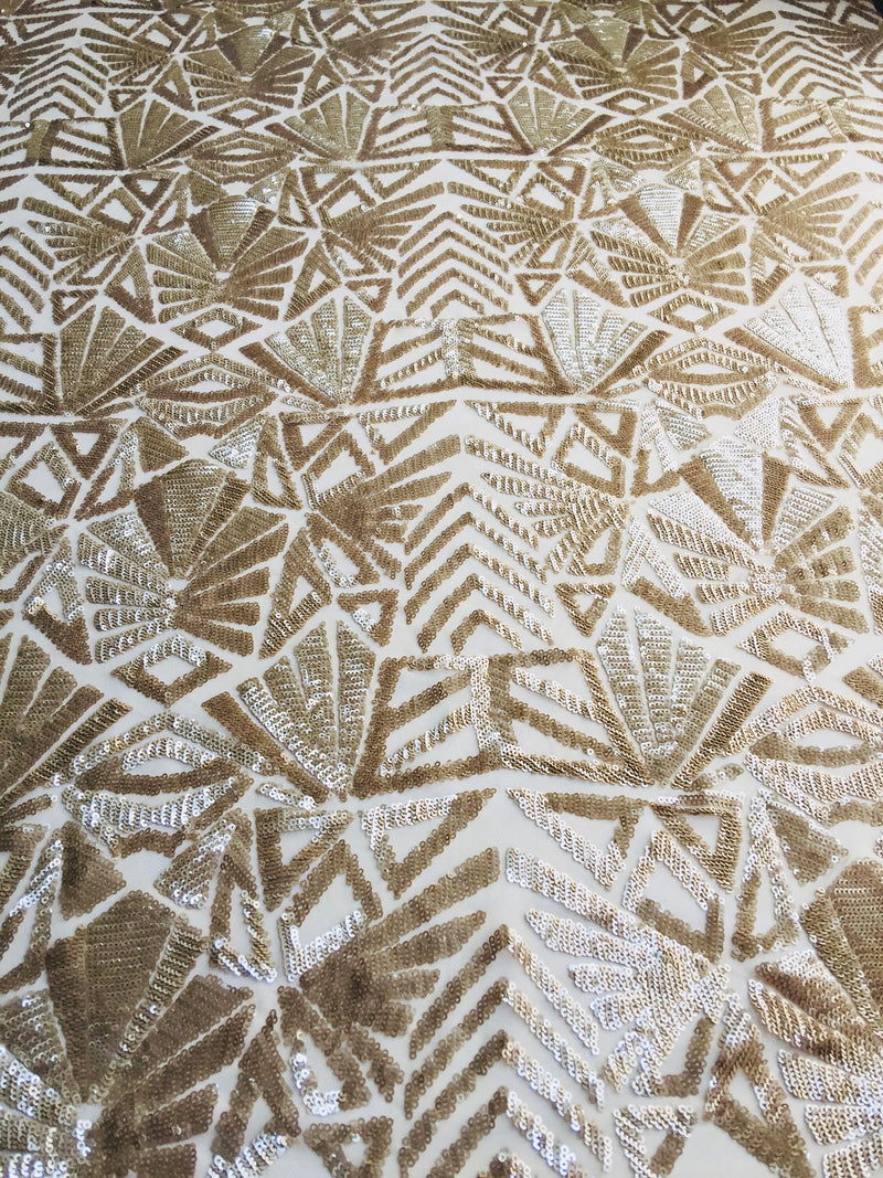 Gia LIGHT CHAMPAGNE Geometric Sequins on Mesh Lace Fabric by the Yard - 10101