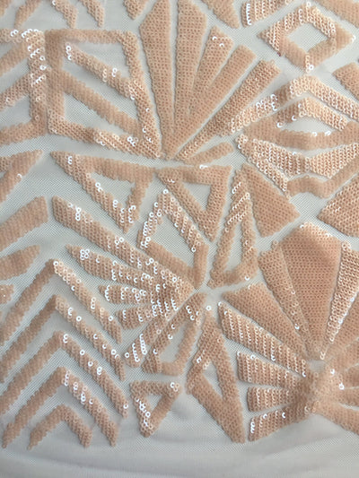 Gia LIGHT PEACH Geometric Sequins on Mesh Lace Fabric by the Yard - 10101