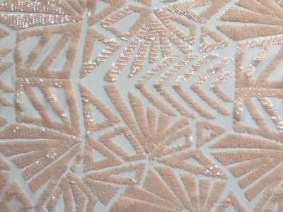 Gia LIGHT PEACH Geometric Sequins on Mesh Lace Fabric by the Yard - 10101