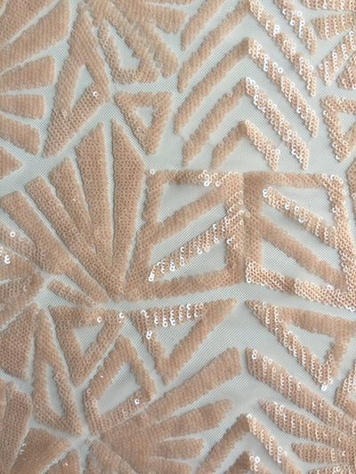 Gia LIGHT PEACH Geometric Sequins on Mesh Lace Fabric by the Yard - 10101