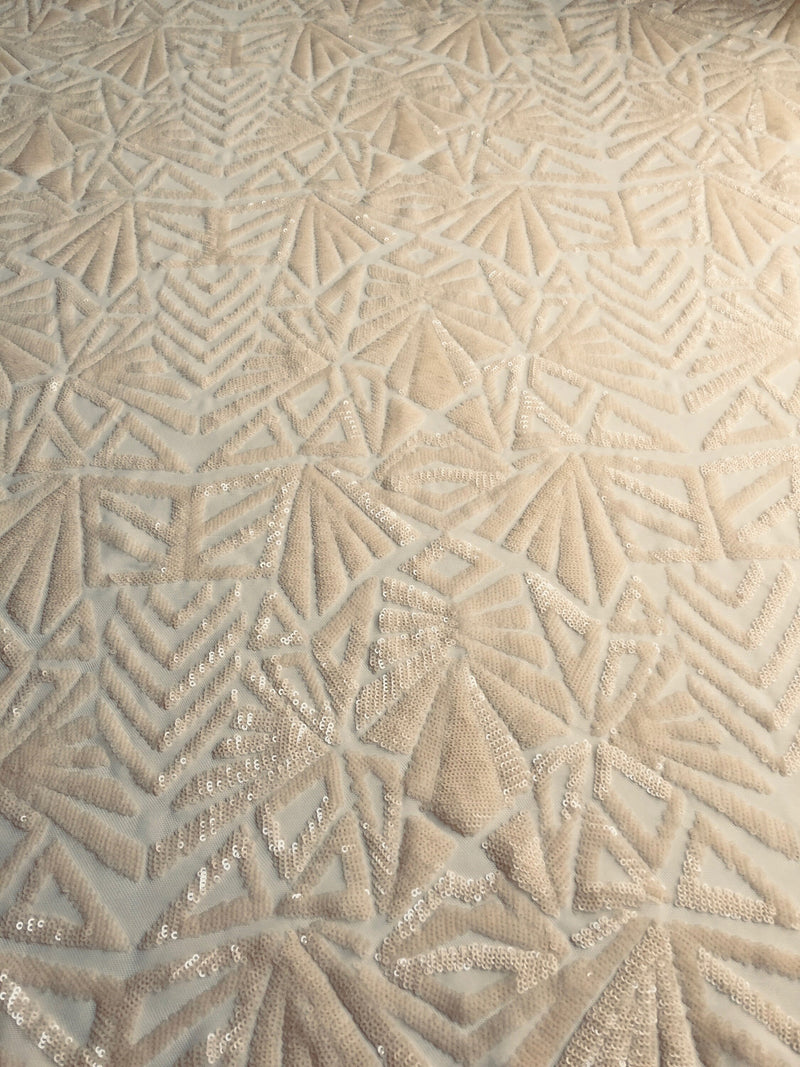 Gia LIGHT BLUSH PEACH Geometric Sequins on Mesh Lace Fabric by the Yard - 10101