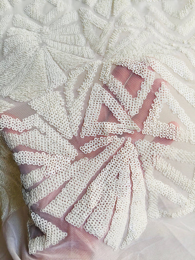 Gia WHITE Geometric Sequins on Mesh Lace Fabric by the Yard - 10101