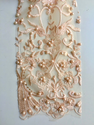 Daphne PEACH Faux Pearls Beaded Flowers and Vines Lace Embroidery on Mesh Fabric by the Yard - 10103