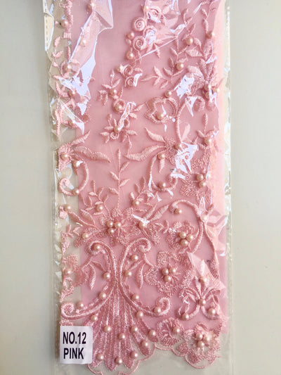 Daphne PINK Faux Pearls Beaded Flowers and Vines Lace Embroidery on Mesh Fabric by the Yard - 10103