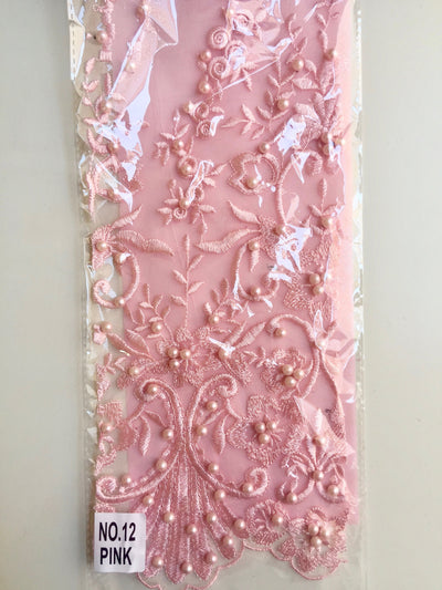 Daphne PINK Faux Pearls Beaded Flowers and Vines Lace Embroidery on Mesh Fabric by the Yard - 10103