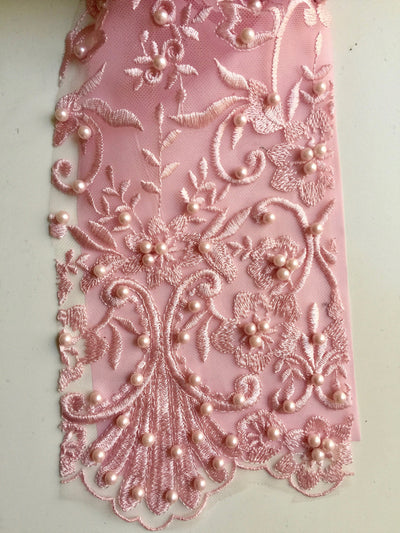 Daphne PINK Faux Pearls Beaded Flowers and Vines Lace Embroidery on Mesh Fabric by the Yard - 10103