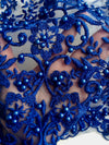 Daphne ROYAL BLUE Faux Pearls Beaded Flowers and Vines Lace Embroidery on Mesh Fabric by the Yard - 10103