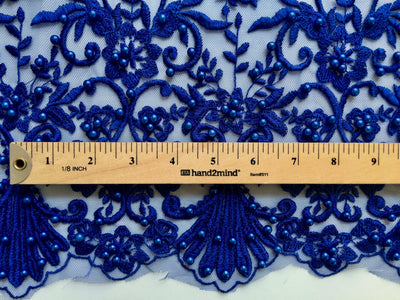 Daphne ROYAL BLUE Faux Pearls Beaded Flowers and Vines Lace Embroidery on Mesh Fabric by the Yard - 10103