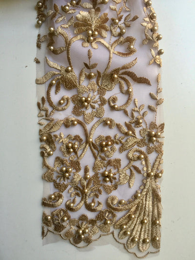 Daphne DARK CHAMPAGNE Faux Pearls Beaded Flowers and Vines Lace Embroidery on Mesh Fabric by the Yard - 10103