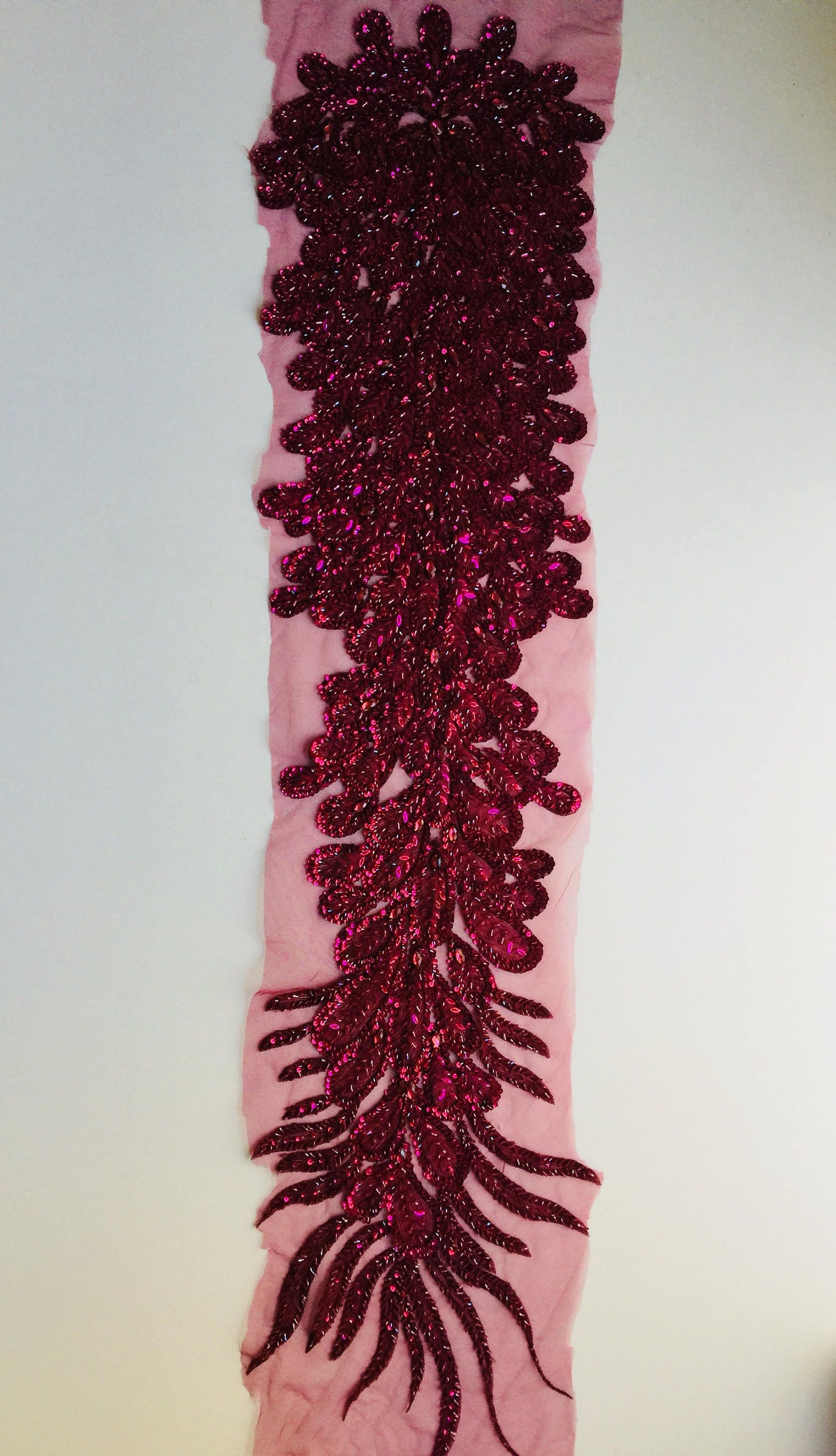 Gracie BURGUNDY Vegas Peacock Beaded Sequins Embroidered on Mesh Lace Fabric by Panel - 10012