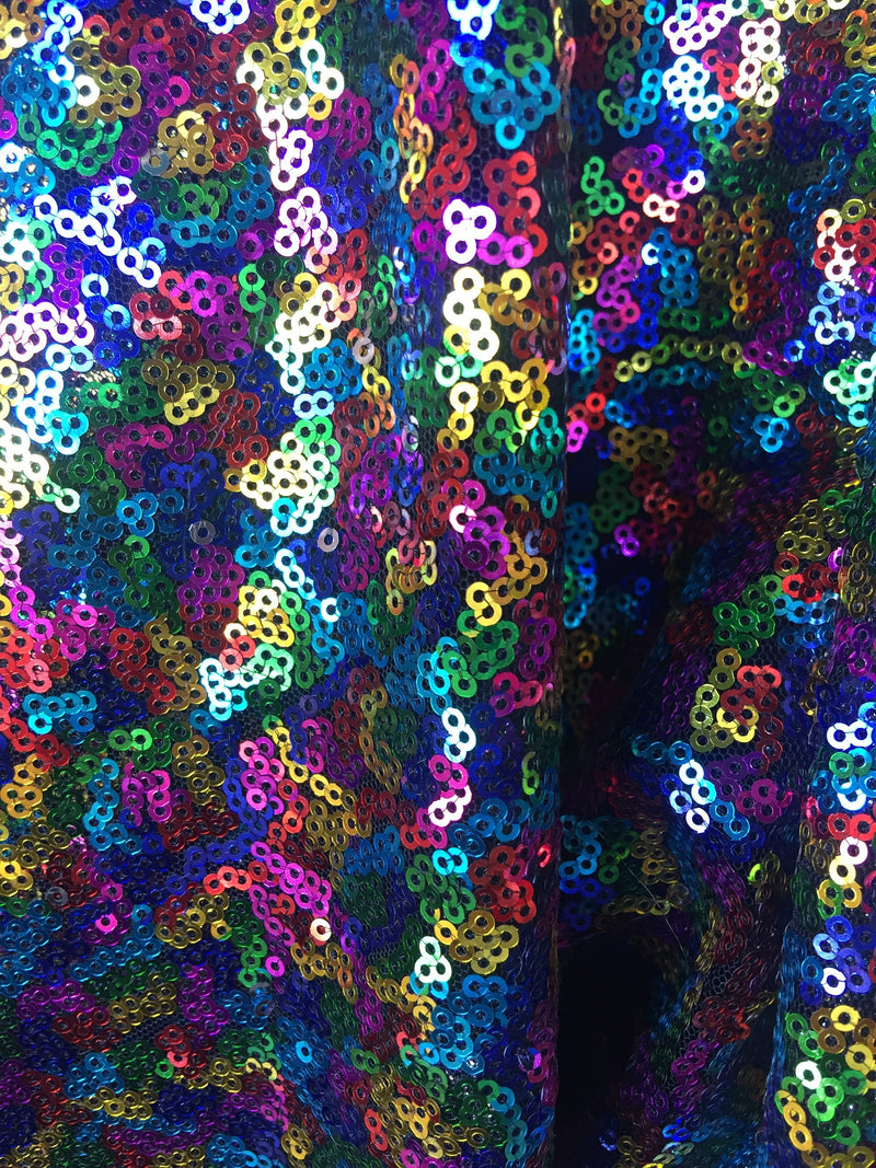 Leila RAINBOW Sequins on BLACK Mesh Fabric by the Yard - 10050