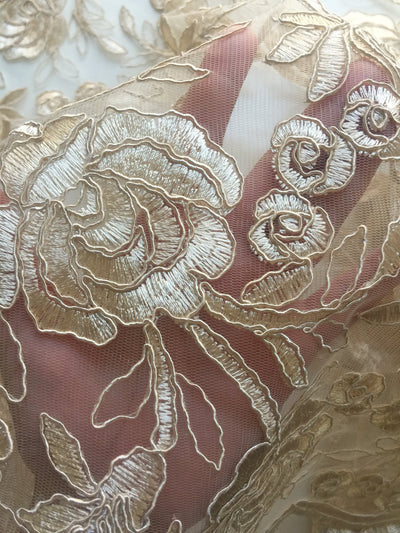Dakota CHAMPAGNE Polyester Corded Floral Embroidery on Mesh Lace Fabric by the Yard - 10043