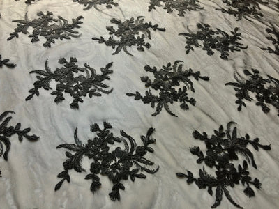 Callie BLACK Polyester Floral Corsage Embroidery on Mesh Lace Fabric by the Yard - 10025