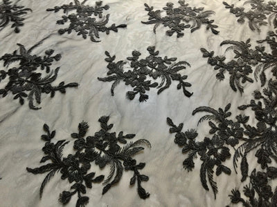Callie BLACK Polyester Floral Corsage Embroidery on Mesh Lace Fabric by the Yard - 10025
