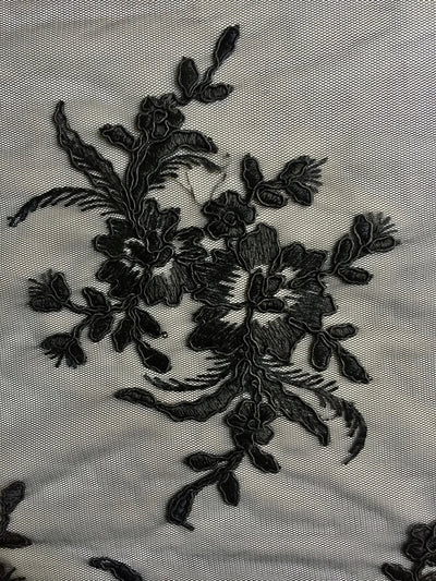 Callie BLACK Polyester Floral Corsage Embroidery on Mesh Lace Fabric by the Yard - 10025