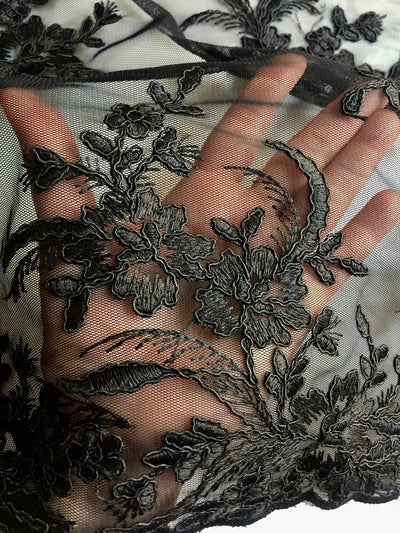 Callie BLACK Polyester Floral Corsage Embroidery on Mesh Lace Fabric by the Yard - 10025
