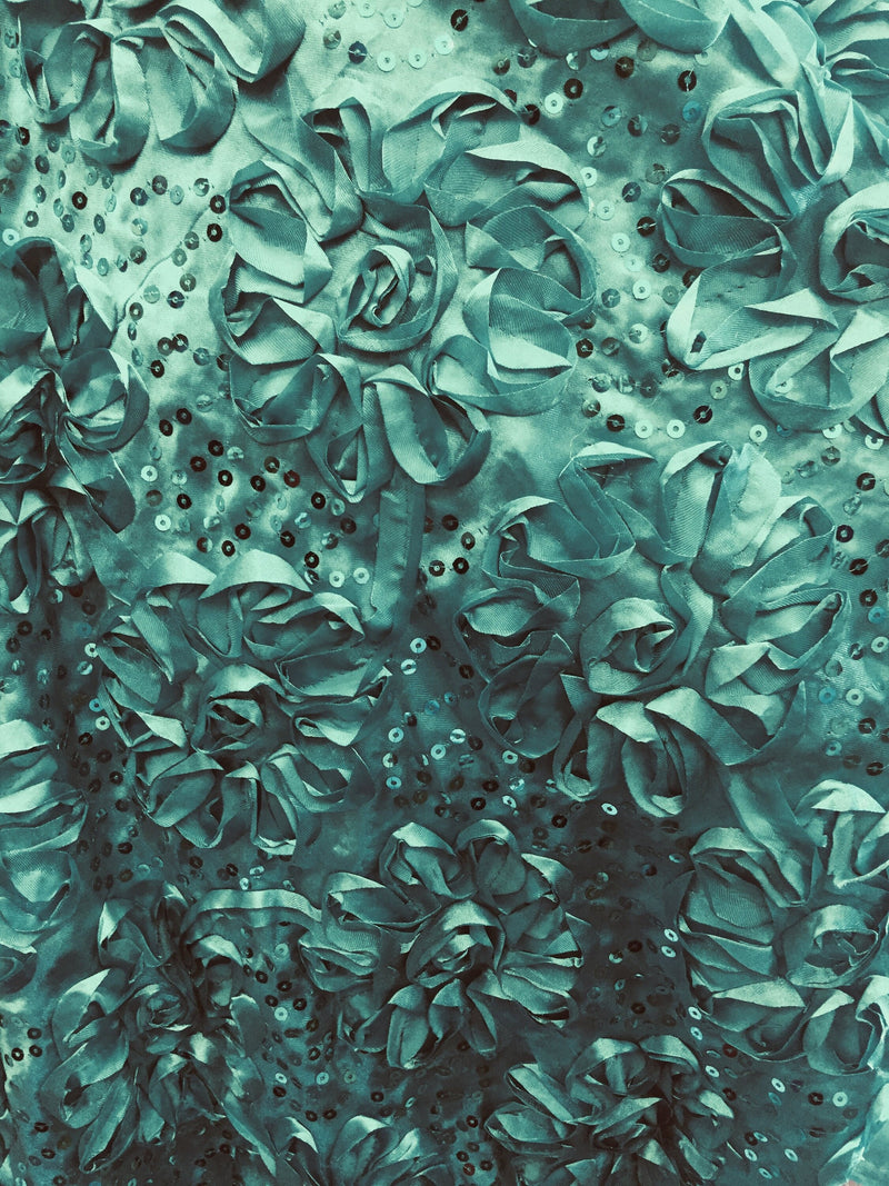 Allie TEAL 3D Floral Polyester Satin Rosette with Sequins Fabric by the Yard - 10051