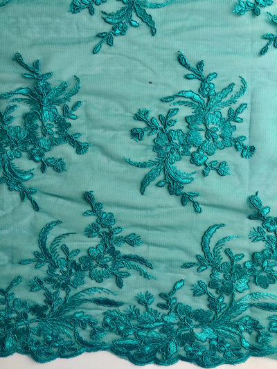 Callie TEAL Polyester Floral Corsage Embroidery on Mesh Lace Fabric by the Yard - 10025