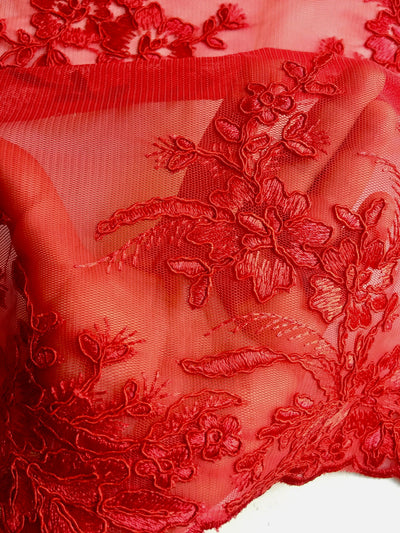 Callie RED Polyester Floral Corsage Embroidery on Mesh Lace Fabric by the Yard - 10025