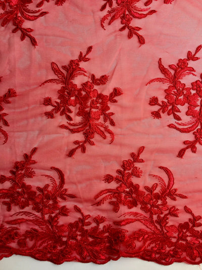 Callie RED Polyester Floral Corsage Embroidery on Mesh Lace Fabric by the Yard - 10025
