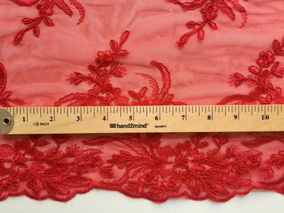 Callie RED Polyester Floral Corsage Embroidery on Mesh Lace Fabric by the Yard - 10025