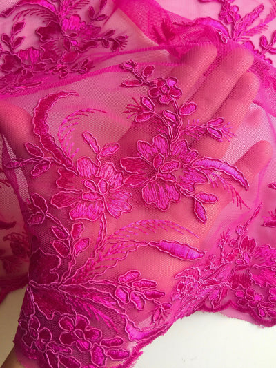 Callie HOT PINK Polyester Floral Corsage Embroidery on Mesh Lace Fabric by the Yard - 10025