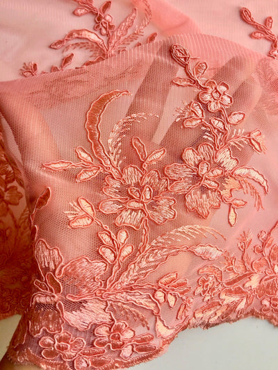 Callie CORAL Polyester Floral Corsage Embroidery on Mesh Lace Fabric by the Yard - 10025