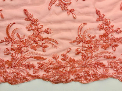 Callie CORAL Polyester Floral Corsage Embroidery on Mesh Lace Fabric by the Yard - 10025