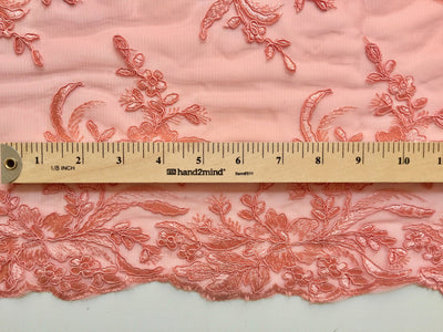 Callie CORAL Polyester Floral Corsage Embroidery on Mesh Lace Fabric by the Yard - 10025