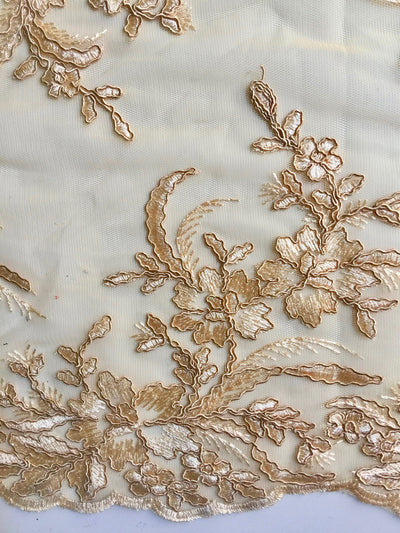 Callie GOLD Polyester Floral Corsage Embroidery on Mesh Lace Fabric by the Yard - 10025
