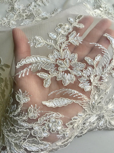 Callie IVORY Polyester Floral Corsage Embroidery on Mesh Lace Fabric by the Yard - 10025