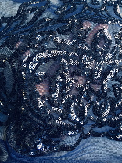 Phoebe NAVY BLUE Sequins on Mesh Lace Fabric by the Yard - 10062