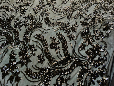 Erin BLACK Flowers and Leaves Sequins on Mesh Lace Fabric by the Yard - 10063