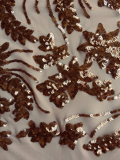 Erin BRONZE Flowers and Leaves Sequins on Mesh Lace Fabric by the Yard - 10063