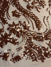 Erin BRONZE Flowers and Leaves Sequins on Mesh Lace Fabric by the Yard - 10063