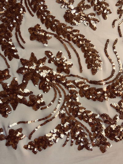 Erin BRONZE Flowers and Leaves Sequins on Mesh Lace Fabric by the Yard - 10063