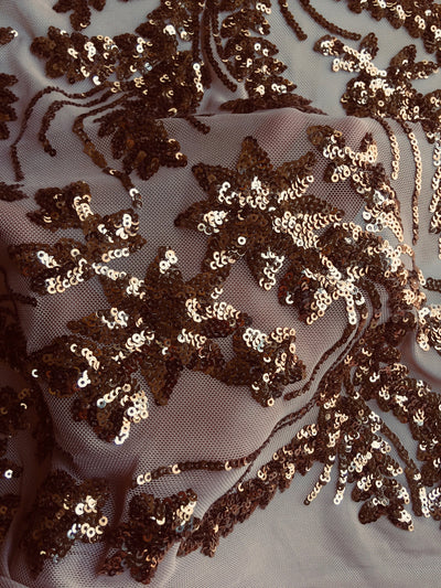 Erin BRONZE Flowers and Leaves Sequins on Mesh Lace Fabric by the Yard - 10063
