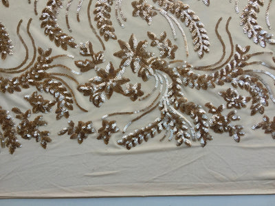 Erin CHAMPAGNE Flowers and Leaves Sequins on Mesh Lace Fabric by the Yard - 10063