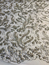 Erin SILVER Flowers and Leaves Sequins on Mesh Lace Fabric by the Yard - 10063