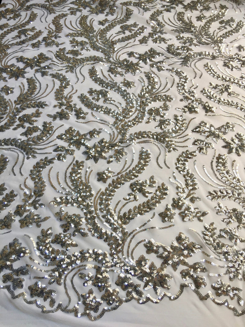 Erin SILVER Flowers and Leaves Sequins on Mesh Lace Fabric by the Yard - 10063