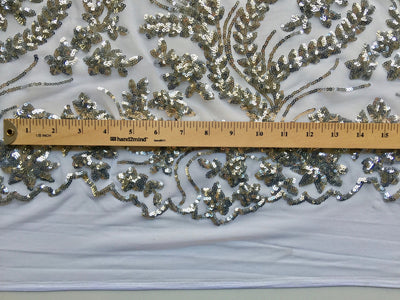 Erin SILVER Flowers and Leaves Sequins on Mesh Lace Fabric by the Yard - 10063