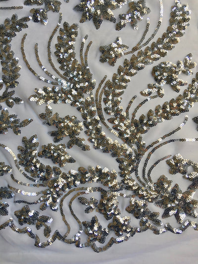 Erin SILVER Flowers and Leaves Sequins on Mesh Lace Fabric by the Yard - 10063
