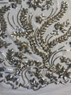 Erin SILVER Flowers and Leaves Sequins on Mesh Lace Fabric by the Yard - 10063