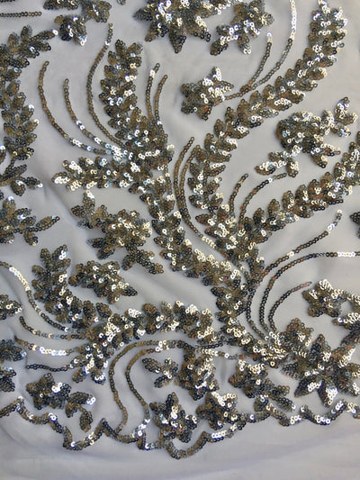 Erin SILVER Flowers and Leaves Sequins on Mesh Lace Fabric by the Yard - 10063