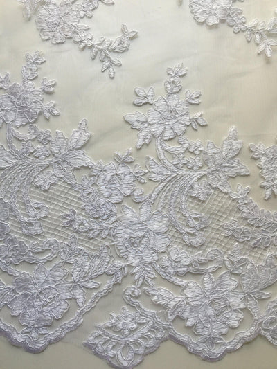Diana WHITE Polyester Corded Floral Embroidery on Mesh Lace Fabric by the Yard - 10064