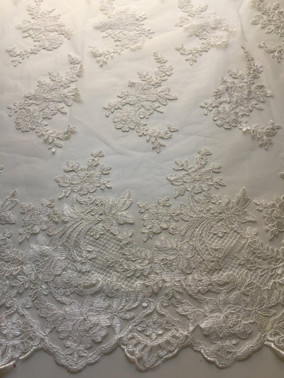 Diana IVORY Polyester Corded Floral Embroidery on Mesh Lace Fabric by the Yard - 10064