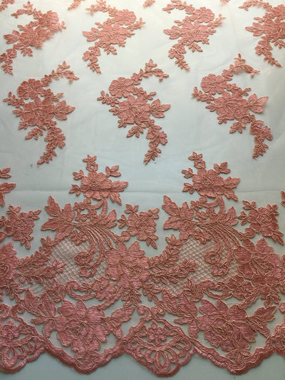 Diana CORAL Polyester Corded Floral Embroidery on Mesh Lace Fabric by the Yard - 10064