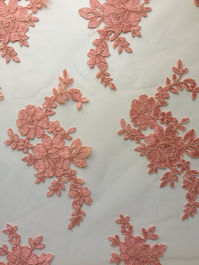 Diana CORAL Polyester Corded Floral Embroidery on Mesh Lace Fabric by the Yard - 10064