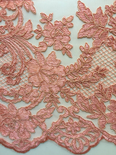Diana CORAL Polyester Corded Floral Embroidery on Mesh Lace Fabric by the Yard - 10064