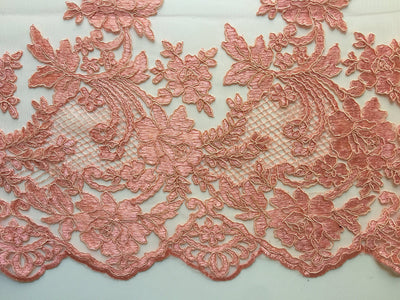 Diana CORAL Polyester Corded Floral Embroidery on Mesh Lace Fabric by the Yard - 10064